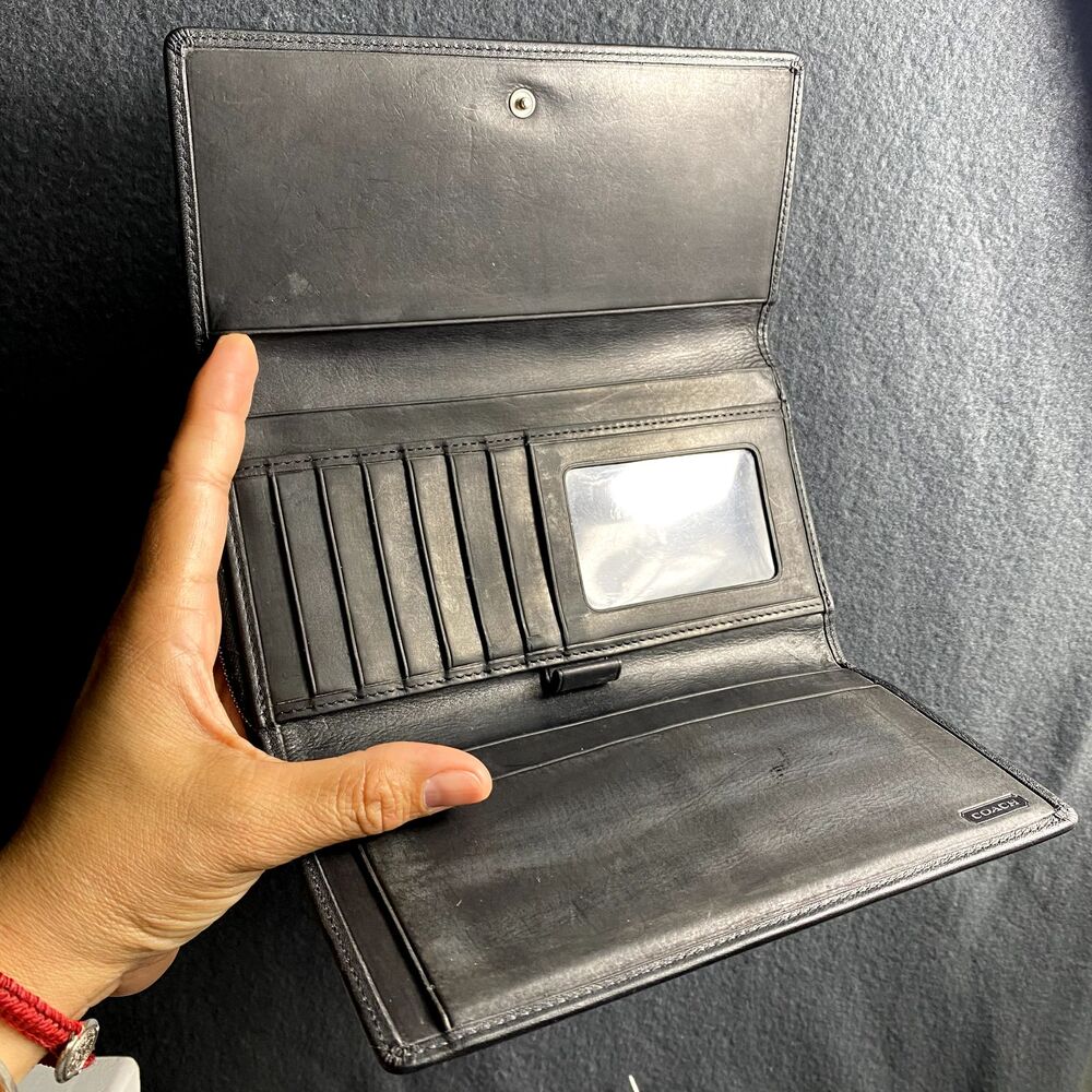 Vintage Coach Legacy Black Leather Trifold Checkbook Wallet Silver Zip Organizer - Picture 10 of 12